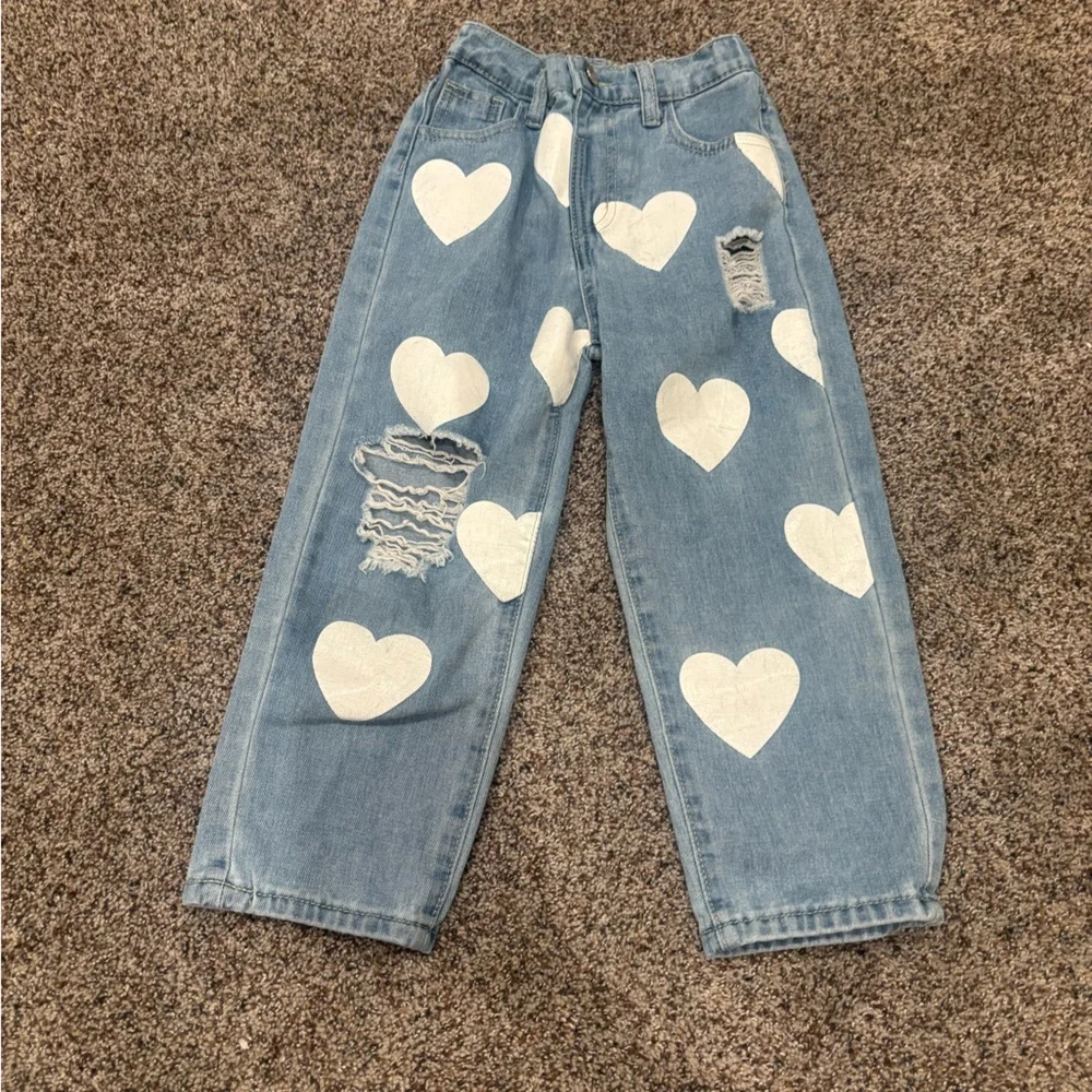 Kids girls youth Denim Heart Print Distressed Jeans - White Hearts size 7Y - Picture 1 of 5